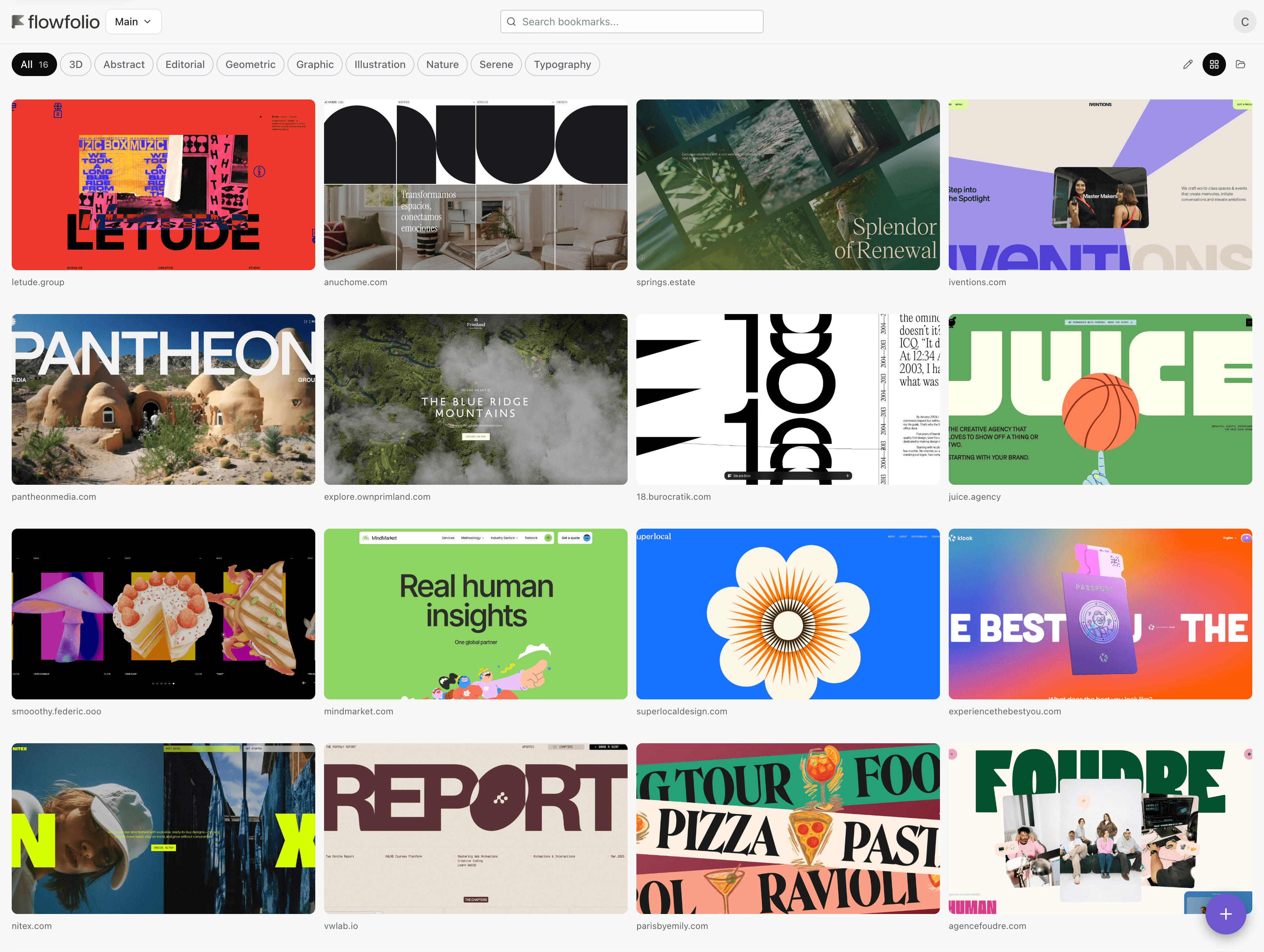 flowfolio dashboard showing visual bookmarks organized in a grid